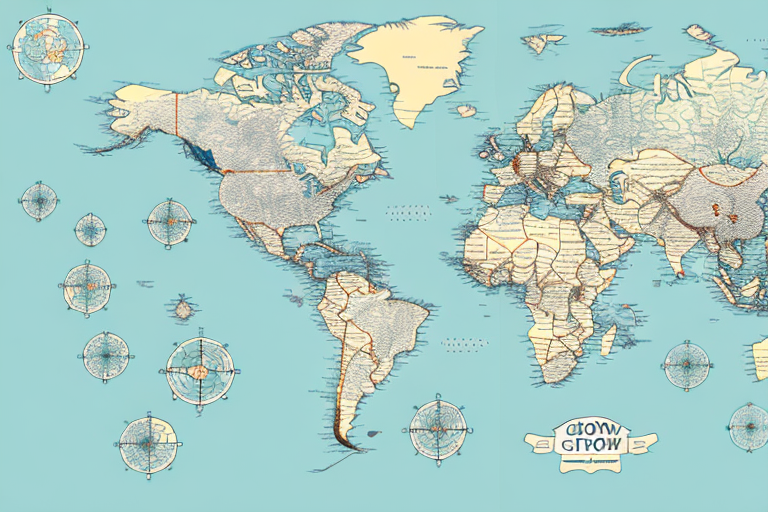 Vintage-style world map with intricate details and compass roses on a light blue background. Features stylized continents and oceans, embellished with decorative elements like scrollwork and labels that recall the era of historic shipping routes.