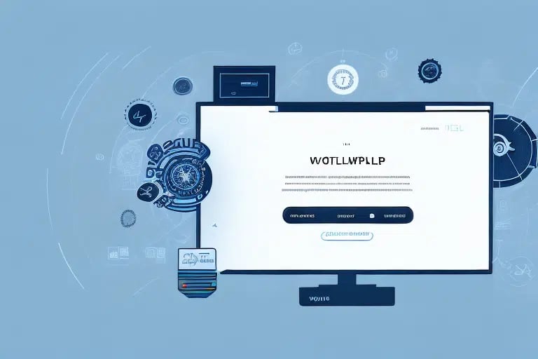 A computer screen displays a block of text with the word WOTLLWPILP prominently in the center. Surrounding the screen are digital icons and symbols, hinting at a UPS Worldship cyber-themed environment, all set against a blue background, showcasing negotiated rates.