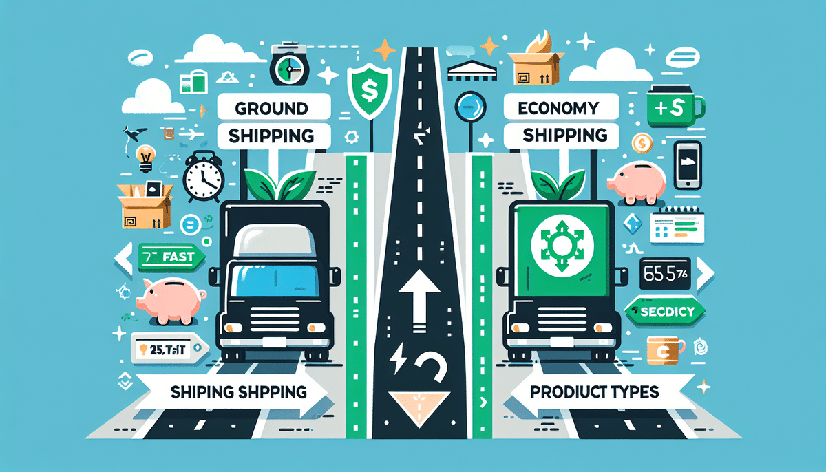 Illustration of two shipping types: Ground Shipping and Economy Shipping. Trucks on a road symbolize each method, surrounded by icons like clocks, money, and piggy banks, highlighting which is the better option in terms of speed, cost, and efficiency.