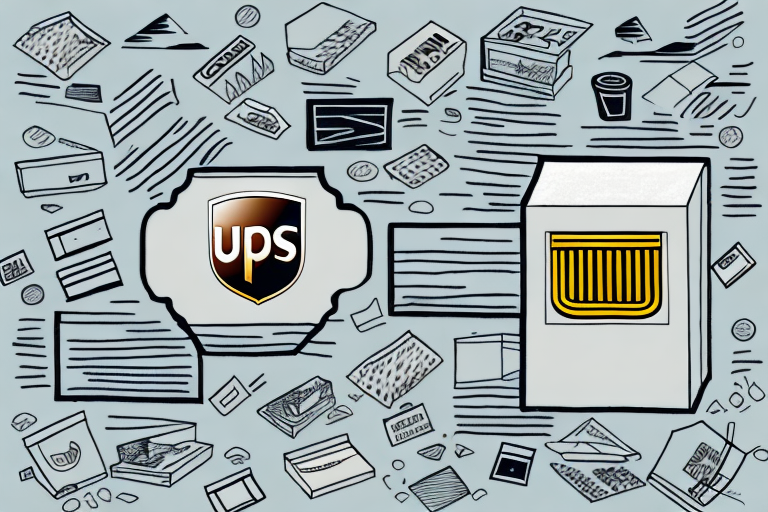 Illustration of a variety of packages, envelopes, and mailboxes with a UPS logo prominently displayed. The design features dynamic lines and a variety of shipping-related items scattered throughout a textured background, capturing the essence of submitting a UPS claim seamlessly.
