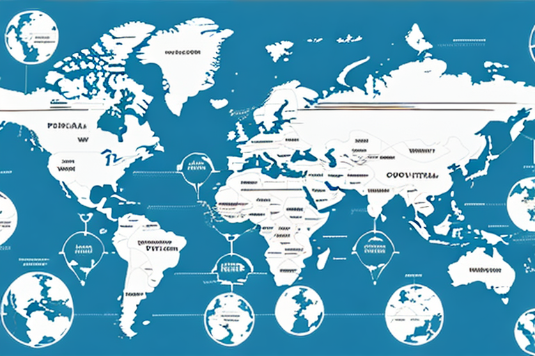 A stylized world map on a blue background incorporates UPS Worldship API elements, with various countries labeled in distorted text. Circular insets highlight selected regions, showcasing detailed areas. The map features a creative design with exaggerated geographic proportions.