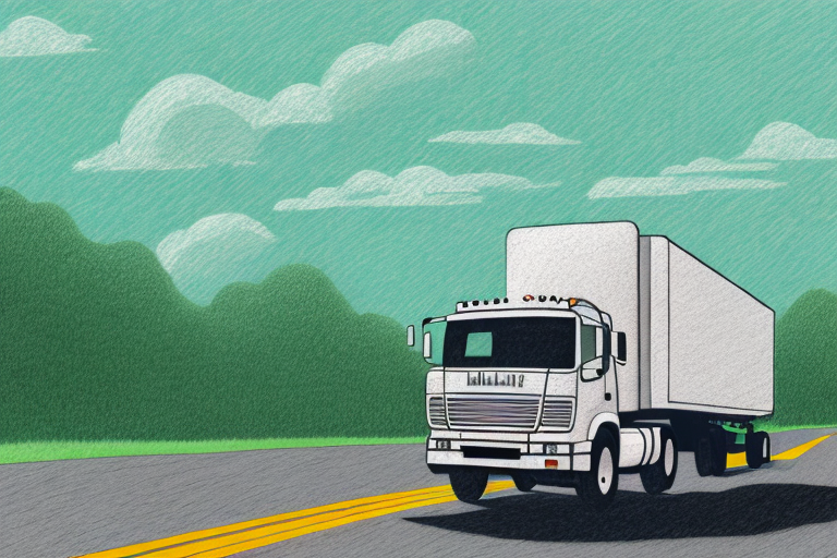 Illustration of a white semi-truck, emblematic of long-distance courier driving, cruising on a road beneath a bright blue sky with fluffy clouds. The road, marked by yellow dividing lines, stretches toward the horizon where green trees softly punctuate the scene.
