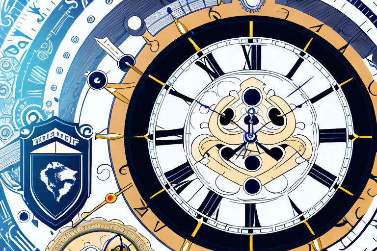 An illustrated clock with intricate dials and Roman numerals is surrounded by celestial motifs and gears, reminiscent of grandfather clocks. A shield with a globe design appears on the left, adding a steampunk aesthetic to this elaborate timepiece.