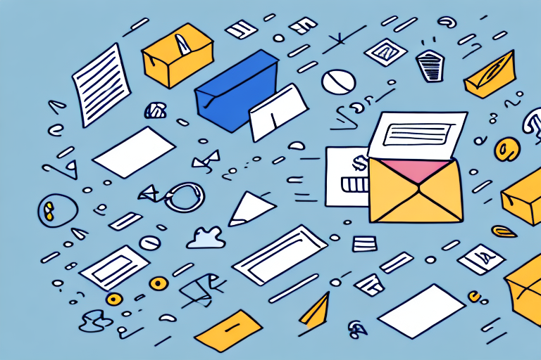 A colorful illustration showcases an assortment of communication icons, such as envelopes and paper sheets, scattered on a light blue background. The image subtly highlights the theme of messaging and correspondence, while hinting at services like Priority Mail Insurance for added peace of mind.