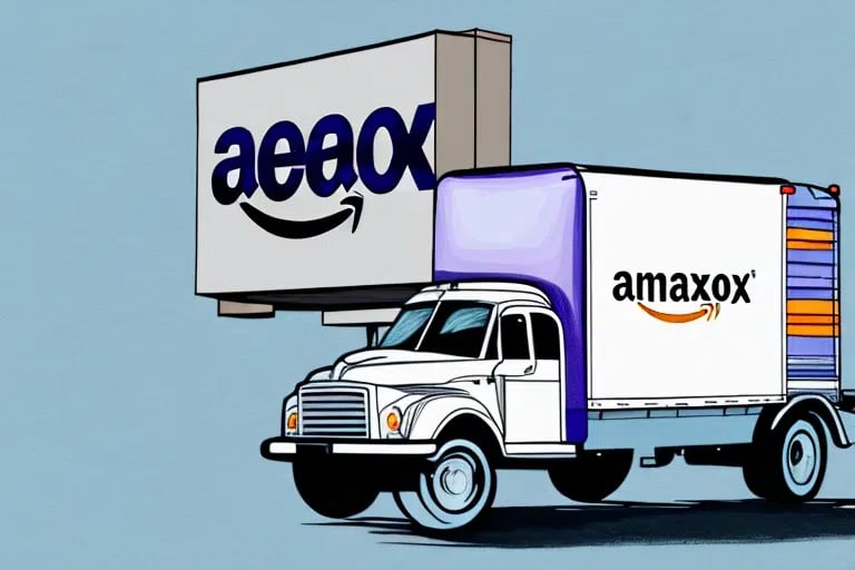 A cartoon-style image depicts a delivery truck with the name amaxox and a smile logo, parked in front of a building with a cheeky sign reading aeeox. This playful scene humorously illustrates the notion of connecting FedEx for Amazon using quirky corporate parody elements.