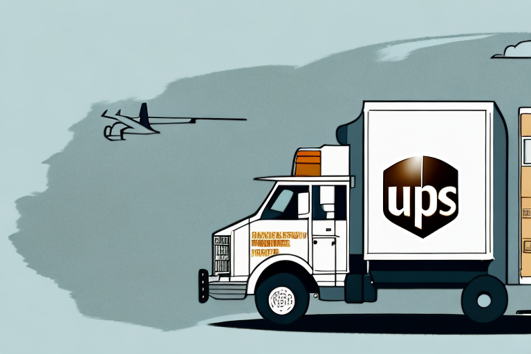 Illustration of a UPS delivery truck loaded with packages, set against a blue sky backdrop, with a plane flying in the distance. The truck is labeled with residential delivery details alongside shipping information, and the iconic logo is prominently displayed.