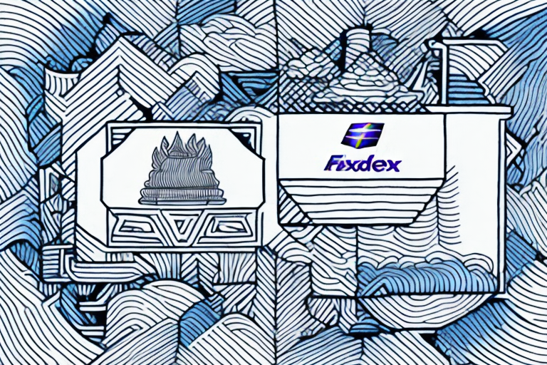 Abstract line art featuring a mountain landscape reminiscent of Nepal, adorned with geometric shapes. Central elements include a stylized tower on the left panel and a Fixdex logo on the right. The image, colored in shades of blue, includes intricate patterns and subtly hints at FedEx shipping rates.