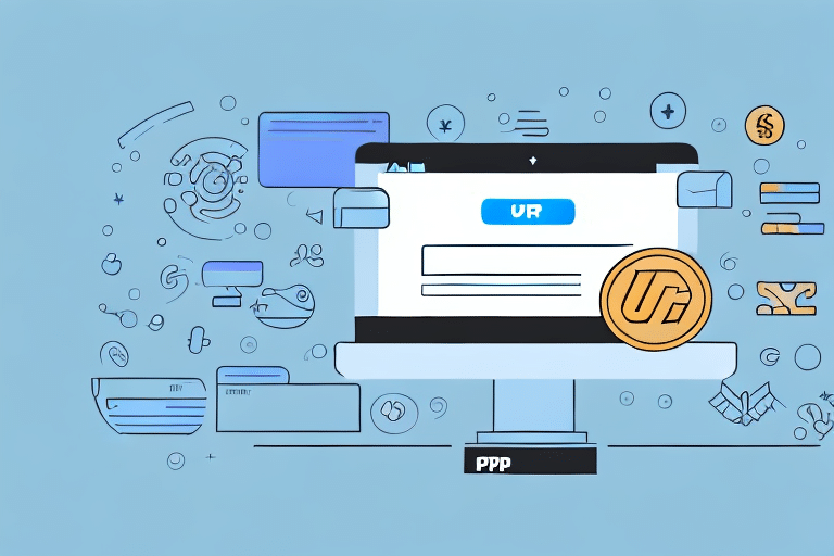 An illustration of a computer monitor showcases a VR logo on a webpage, surrounded by tech-themed icons like gears, email, and currency symbols. A credit card hints at digital innovation, while subtle nods to tools like UPS WorldShip emphasize seamless change in the world of technology.