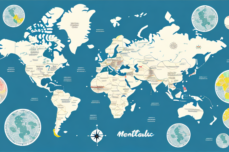 Illustrated map of the world with artistic, detailed regional representations and unique symbols. Surrounding mini-maps show various global perspectives, including UPS Ground Zone Maps. The background is teal with a compass rose at the bottom center.