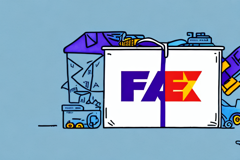 Illustration of a delivery box with a logo resembling FAEX, surrounded by various cluttered items like papers, boxes, and packages against a blue background. The scene hints at the busy hustle of calculating FedEx shipping rates or preparing an Etsy order for dispatch.