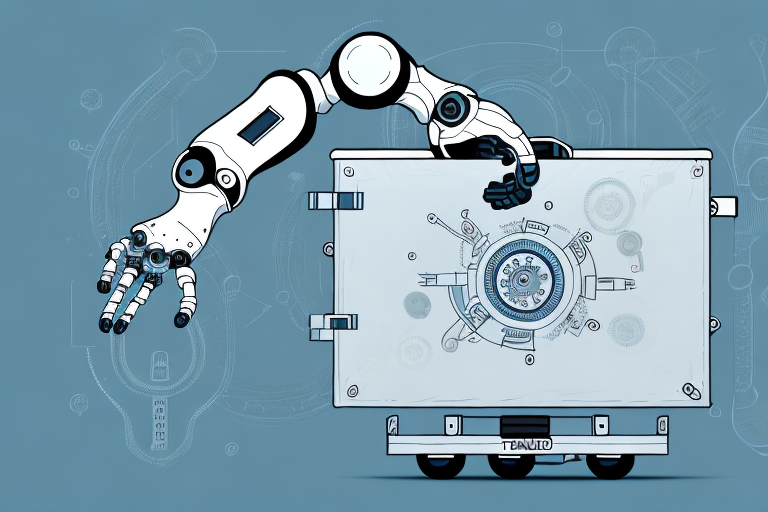 A robotic arm extends from a mechanical panel, with gears and dials visible. The background is a muted blue with circuit-like patterns, enhancing the futuristic feel of automation. The panel, reminiscent of a FedEx Toolbox in precision, is labeled Tenuto.