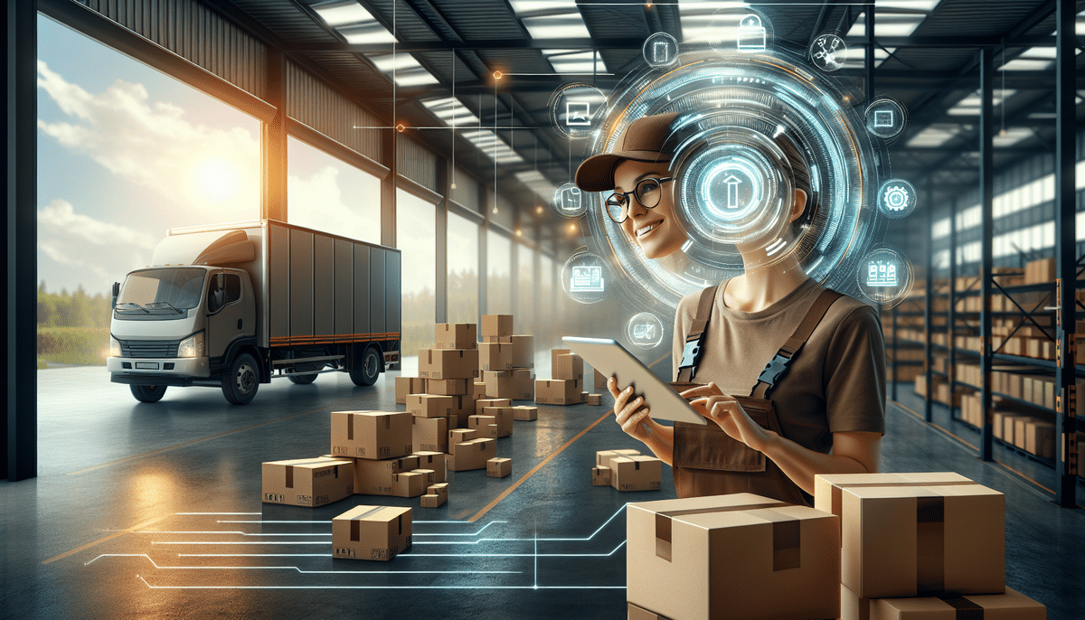 A warehouse interior with a smiling worker in overalls and a cap, holding a tablet displaying UPS Smart Pickup icons. Technology and logistics are highlighted with digital symbols floating around. In the background, stacks of boxes and a delivery truck underscore the benefits of efficient operations.