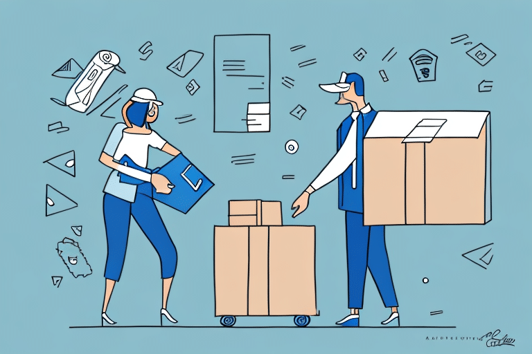 Illustration of two delivery workers exchanging packages—a visual guide to efficient returns management. The woman holds a small blue package while the man carries a large box. Geometric shapes and icons float in the background on a light blue backdrop, perfect for startups aiming for streamlined logistics.