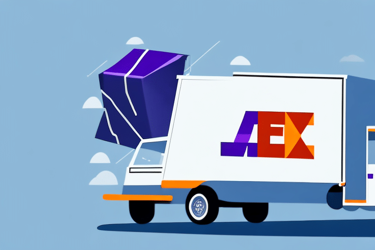 A white delivery truck with AEX on its side drives as a purple package, guided by FedEx Ship Manager, flies toward its open back. The blue sky with scattered clouds enhances the dynamic and whimsical feel of the scene.