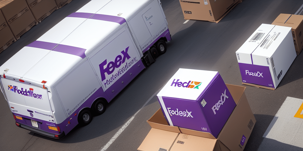 Delivery trucks and large boxes with a parody logo resembling FedEx, featuring altered text and colors, travel the highway. This bustling logistics operation showcases FedEx Ship Manager in action, efficiently moving multiple packages and vehicles while generating shipping labels along the way.
