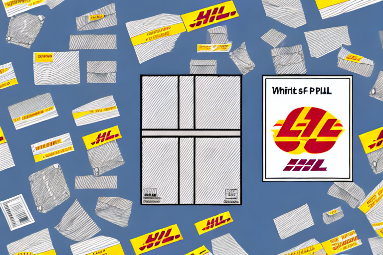 A collage of various yellow and white DHL packages, envelopes, and labels is scattered on a blue background. In the center, a large black-framed shipping box with lines running through it hints at competitive DHL rates for shipping to Canada.