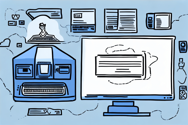 Illustration of a retro computer setup with a CRT monitor displaying a message, a keyboard, and various software windows like FedEx Ship Manager floating around. The scene is in shades of blue, enhanced by the nostalgic glow of a label printer, capturing a vintage digital aesthetic.