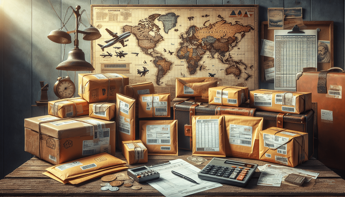 A rustic desk is cluttered with numerous packages, UPS envelopes, calculators, coins, and paperwork. Behind, on the wall, hangs a vintage world map, suitcases, and an old-fashioned clock. An airplane model enhances the travel theme alongside a focus on international shipping rates.