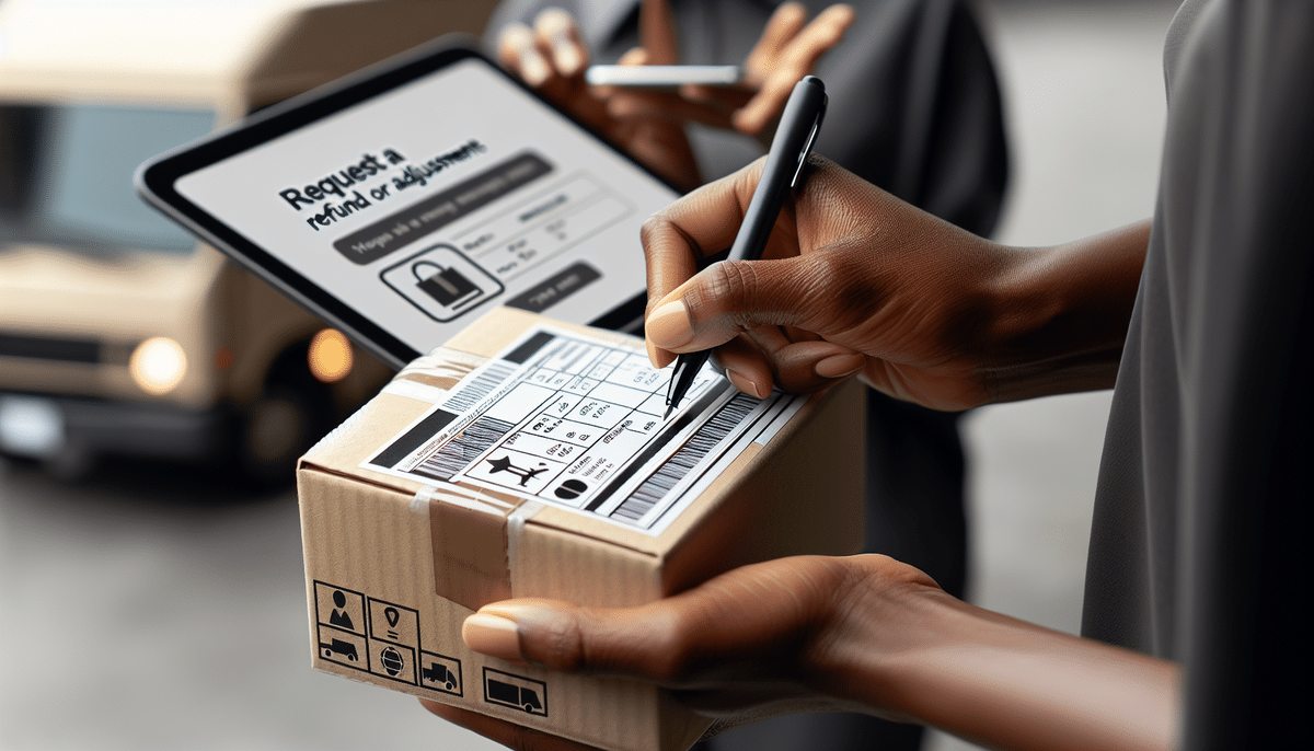 A person holds a cardboard package and uses a pen to fill in details, possibly for a UPS Shipping Charge Correction. Another person holds a tablet displaying a return or refund request form. A delivery truck is blurred in the background, hinting at quick deliveries like Next Day Air Saver for commercial needs.