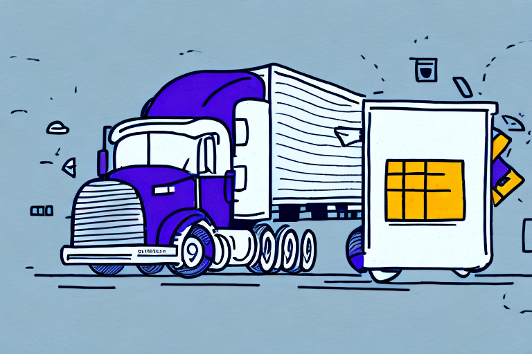 Illustration of a large purple semi-truck, reminiscent of FedEx Freight, driving alongside a white house on wheels with a yellow window. The background features decorative swirls and geometric shapes, adding a whimsical touch for those interested in understanding comprehensive logistics.