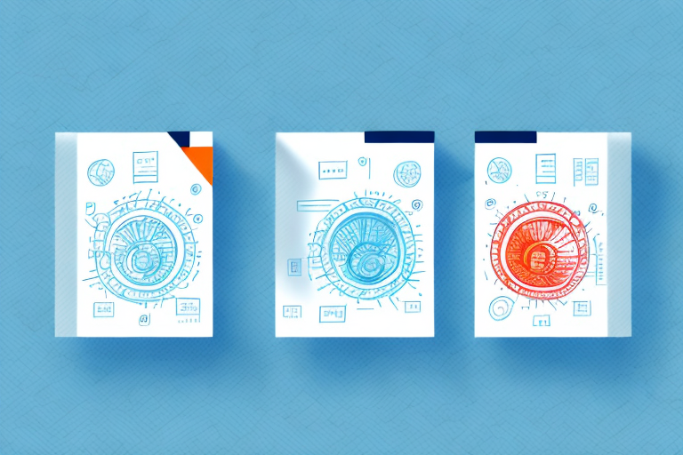 Three white boxes with abstract circular designs and patterns, two in blue and one in red, are aligned against a textured blue background. The boxes, reminiscent of USPS packages, have small geometric icons surrounding the central designs.