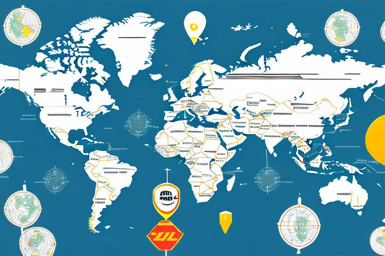 A stylized world map with country boundaries outlined in white on a blue background features several large yellow map pins and compass roses scattered across the image, along with DHL eCommerce logos, creating an optimized travel-themed design.