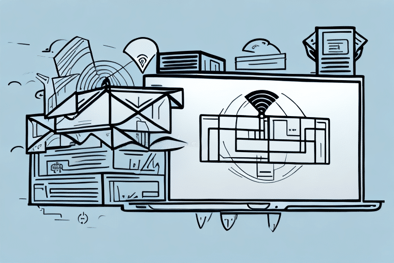 An illustration features a laptop showcasing a digital Wi-Fi signal icon, surrounded by abstract drawings of envelopes, gears, and folders. This symbolizes digital communication and technology like WorldShip. The background is light blue, adding a modern touch to the blossoming workflow narrative.