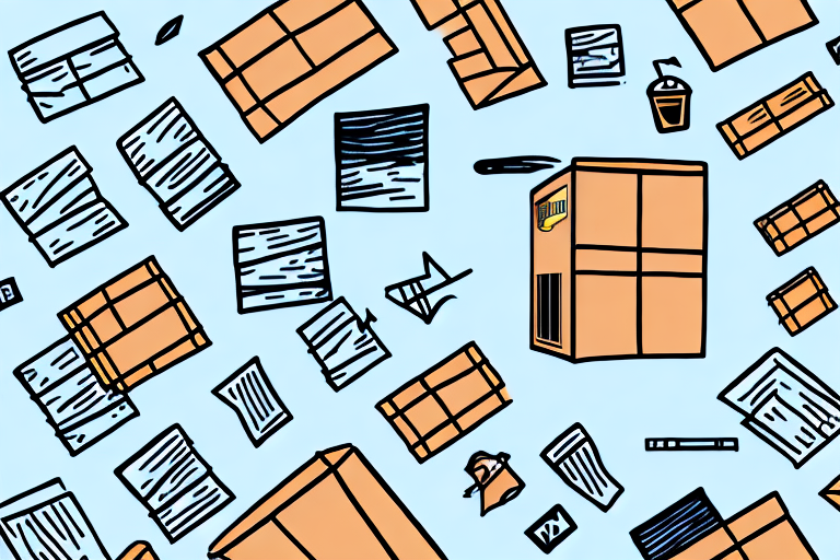 Illustration of scattered cardboard boxes, sheets of paper, and stationery against a light blue background. The boxes, reminiscent of UPS College Shipping Rates packages, vary in size; some are open with papers appearing to float among them.