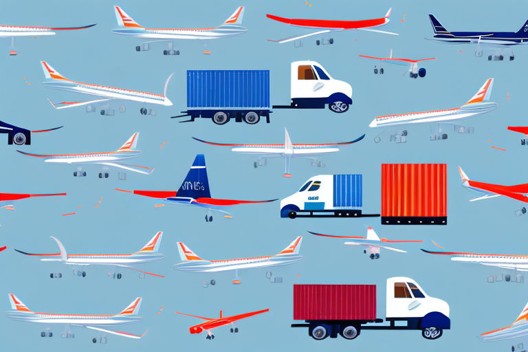 Illustration of various aircraft and trucks from top parcel carriers transporting cargo containers on a blue background. The repeated pattern features planes in flight and trucks in motion, emphasizing efficient transportation and logistics tailored to diverse shipping needs.