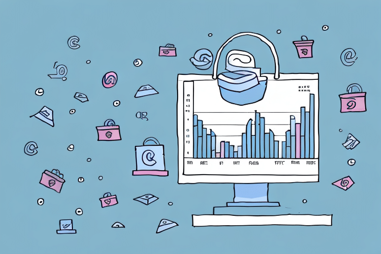 Illustration of a computer monitor displaying a bar chart labeled E-commerce Operations with a large padlock over the screen. Surrounding the monitor are various smaller padlock icons. The light blue background symbolizes data security and protects sensitive metrics like refund rate.