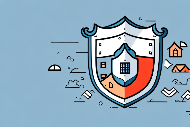 A stylized shield is depicted against a blue background, embodying the concept of Flat Rate Insurance. The shield contains icons of a house and building, signifying protection. Surrounding it are abstract symbols resembling clouds and smaller structures, emphasizing the understanding of its benefits.