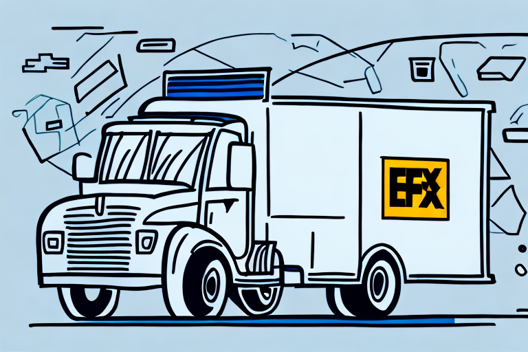 The illustration captures a FedEx delivery truck with a stylized geometric design, prominently showcasing the iconic yellow and black logo on its side. The background is filled with abstract shapes, hinting at the dynamic motion of a FedEx delivery schedule in action.