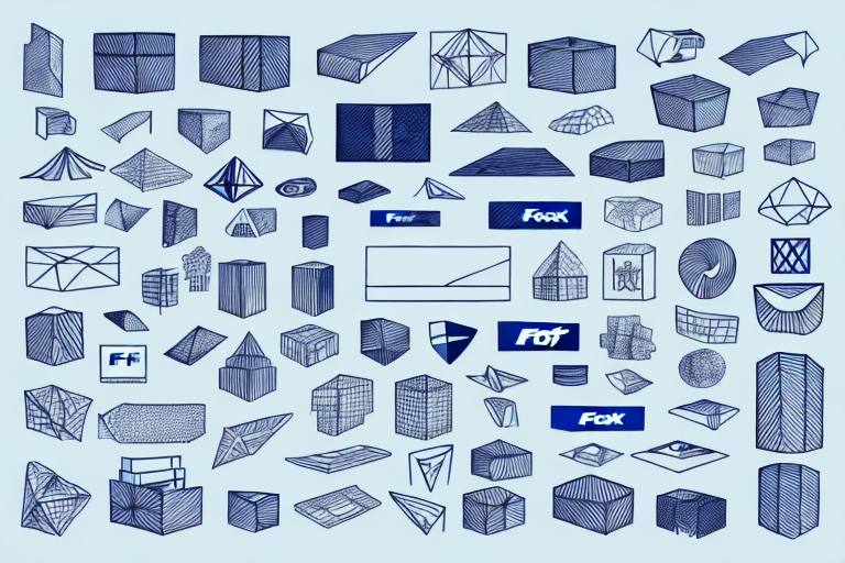 A collection of various 3D shapes and geometric patterns, including cubes and pyramids, is drawn in blue on a light blue background. Some shapes feature logos or labels resembling F, FOT, or Fox, reminiscent of innovative packaging types found at FedEx.