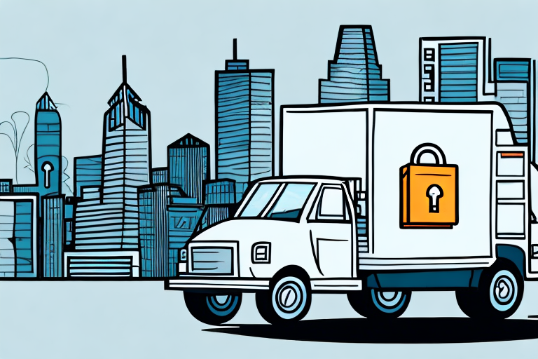 Illustration of a truck with a padlock symbol on its side, parked in front of a stylized city skyline with various skyscrapers. The scene suggests themes of securing a delivery contract and urban logistics.