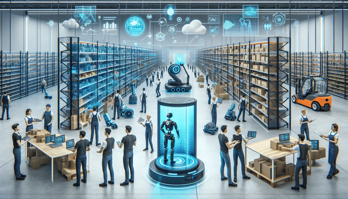 A futuristic warehouse, featuring Locus Robotics and employees working in harmony, has shelves stocked with boxes while digital holograms display data. A central robot from Fetch Robotics stands on a platform, highlighting the integration of technology and humans in logistics.