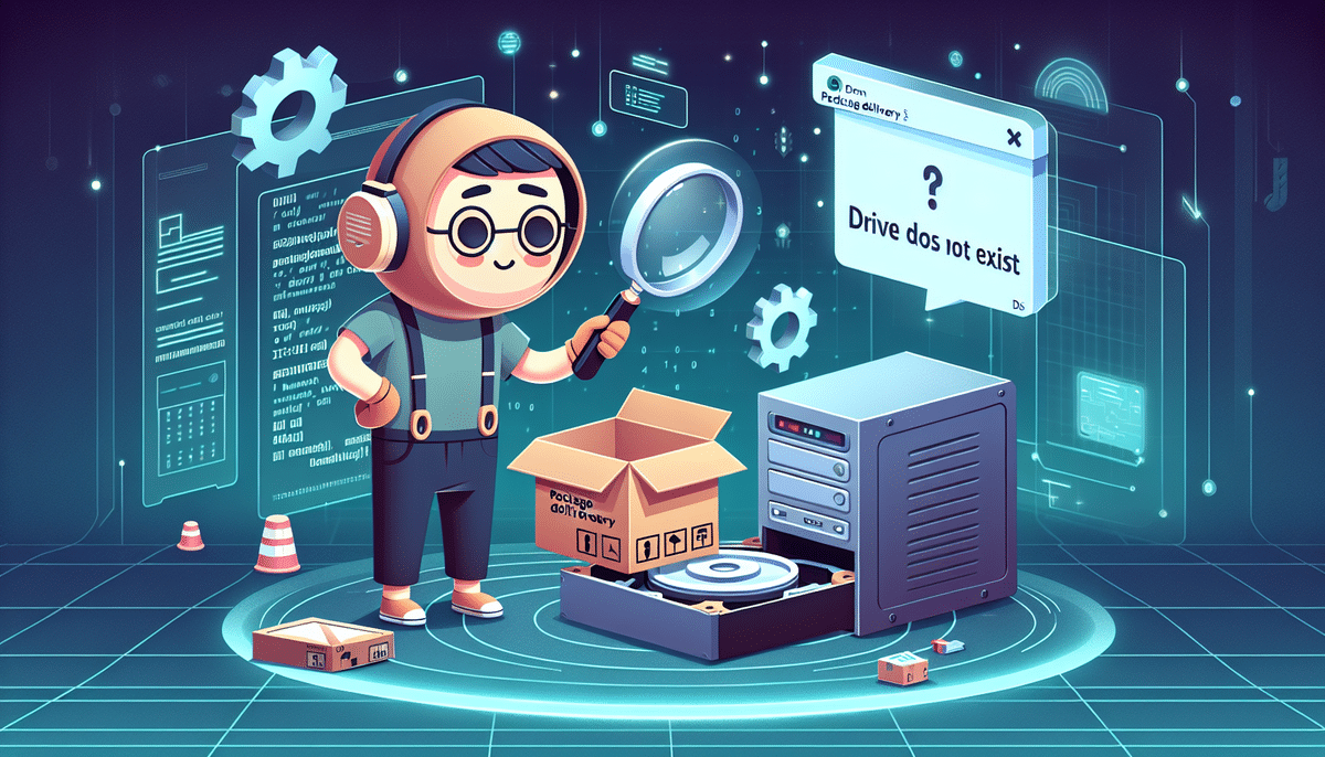 A cartoon character with glasses investigates a computer setup, magnifying glass in hand, as they troubleshoot an error message: Drive does not exist. Nearby are gears, a box, and a circuit-themed backdrop reminiscent of UPS WorldShips intricate network.