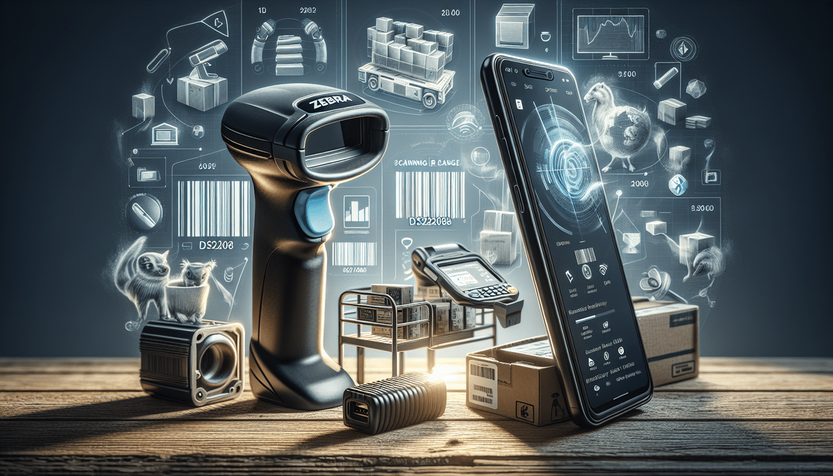 A barcode scanner, like the Zebra DS2208 or Socket Mobile S700, a smartphone, payment terminal, and small carts are surrounded by floating digital representations of barcodes, packages, and graphs on a wooden surface, symbolizing modern logistics and inventory management.