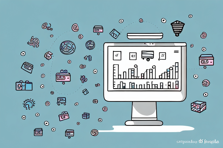 An illustration of a desktop computer displaying a bar graph and various icons floating around, such as locks, suitcases, and gears, against a light blue background. These icons symbolize security, e-commerce operations, travel solutions, and the ever-evolving world of technology.