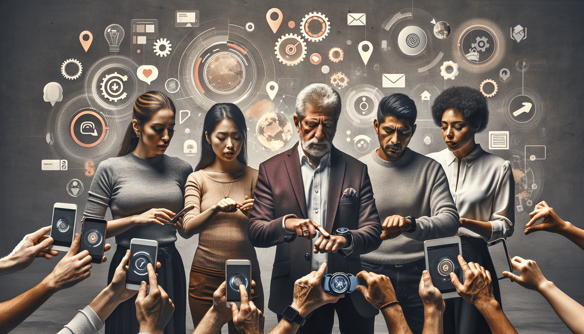A diverse group of five people stands focused on their smartwatches, surrounded by digital icons and graphics, while others capture the moment with smartphones. The scene suggests a blend of mobile marketing and connectivity for success in the modern world.