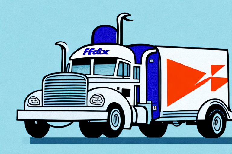 Illustration of a cartoon-style delivery truck labeled Ffcdx on the roof. The truck, reminiscent of FedEx shipping rates efficiency, is white with blue accents and features a large red arrow design on the back. The background is light blue.