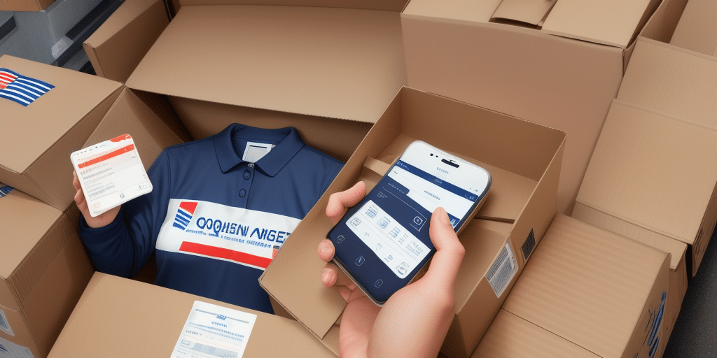 A person in a company uniform stands among stacks of cardboard boxes, holding two mobile phones displaying logistics apps to optimize deliveries. The boxes are labeled with a stylized logo, company name, and ready for USPS shipment.