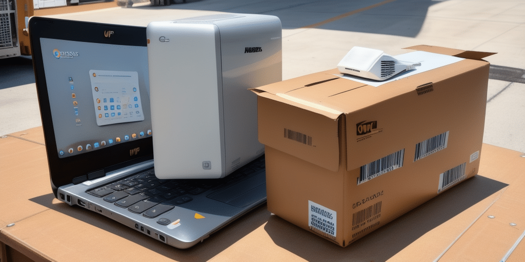 A Chromebook is open on a table next to a small, upright printer labeled NOBETA. A brown cardboard box with various barcodes and labels, possibly awaiting UPS Worldship processing, is placed beside them. The scene appears to be outdoors on a sunny day.