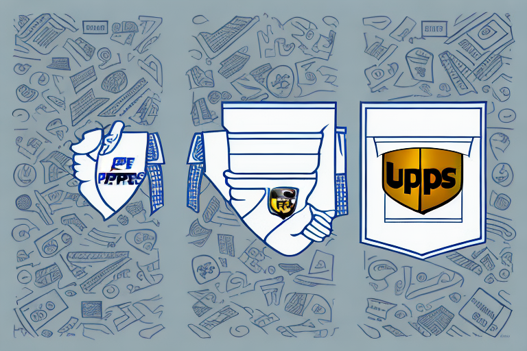 Hand-drawn illustration showing a handshake with shirts labeled PDF and UPPS in a phone app interface. Sketched icons of documents, graphs, and international rates surround the central image on a gray background.
