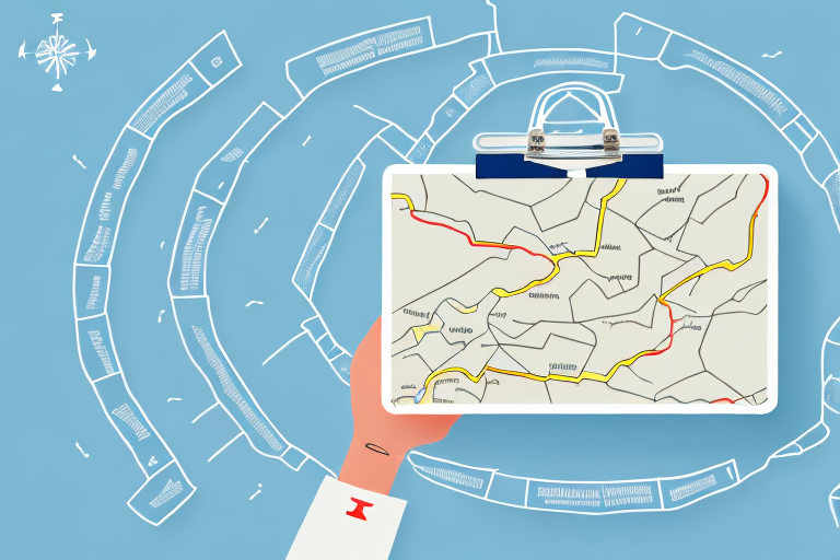 Illustration of a hand holding a clipboard with a map over a light blue background. The map, perfect for finding the right job in delivery, shows interconnected roads in yellow and red, with labels. A DNA structure encircles the clipboard, symbolizing connections or pathways.