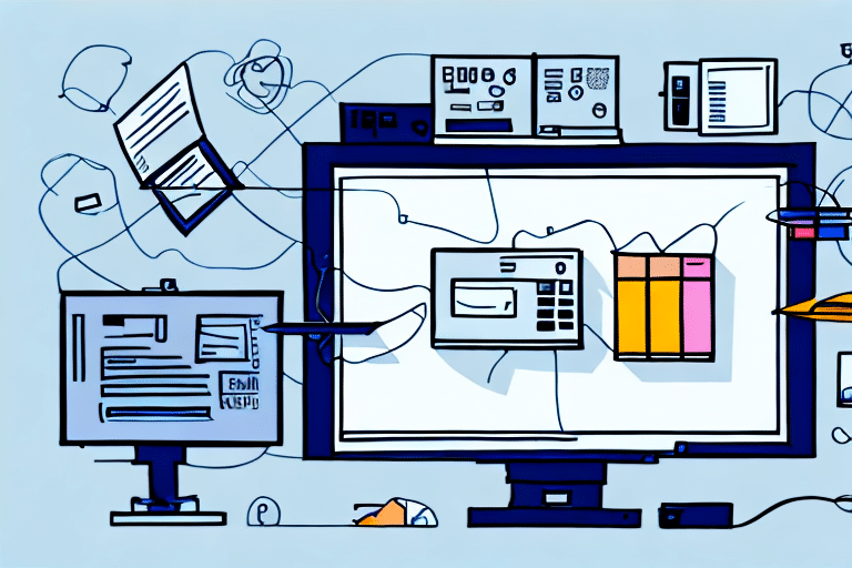 A digital illustration showing two computer monitors with various technical diagrams and documents. Wires and papers are scattered around, portraying a troubleshooting scene in an interconnected workspace on a light blue background, possibly tackling FedEx Ship Manager label printing issues.