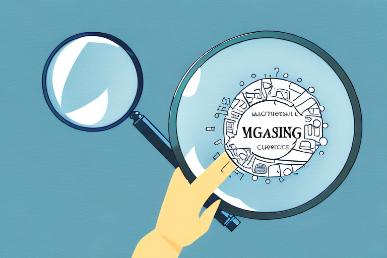 A hand holding a magnifying glass examines a circular, maze-like structure filled with intricate designs and symbols, akin to navigating the complexities of return fraud prevention for Amazon. The light blue background evokes a sense of exploration and discovery.
