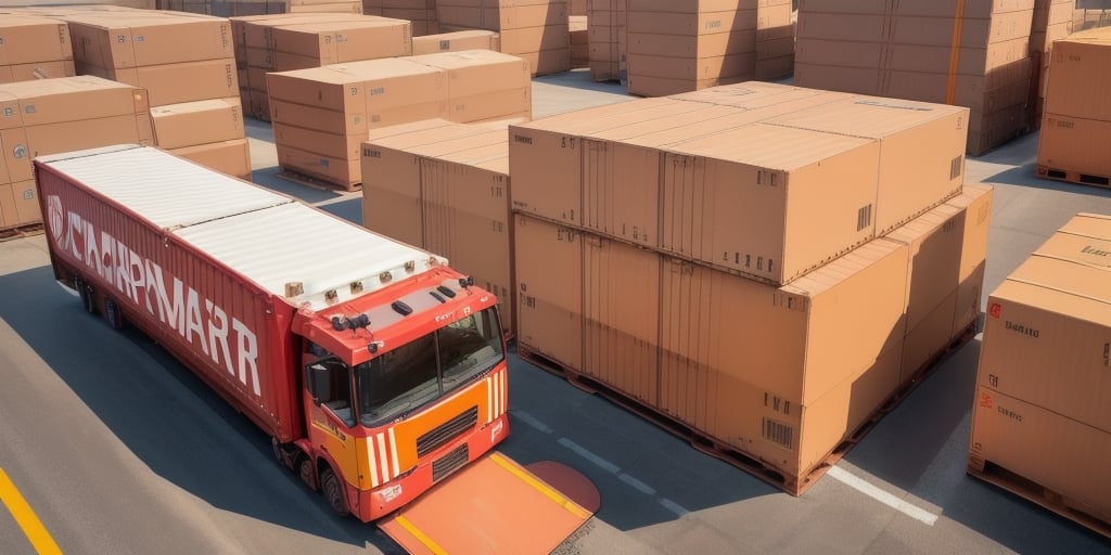 A large red shipping truck labeled Amazon Prime is parked next to stacks of large cardboard boxes on a concrete surface under clear daylight, ready for their journey via Next Day Air.