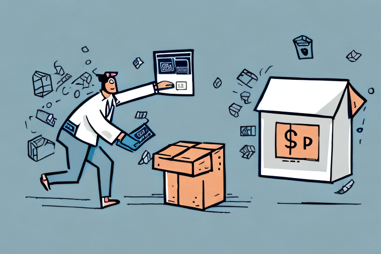 A person excitedly carries a credit card and online shopping items towards a box labeled with a dollar sign. Packages are flying around, suggesting fast-paced online shopping, all while keeping an eye out for stolen packages in the midst of the excitement.
