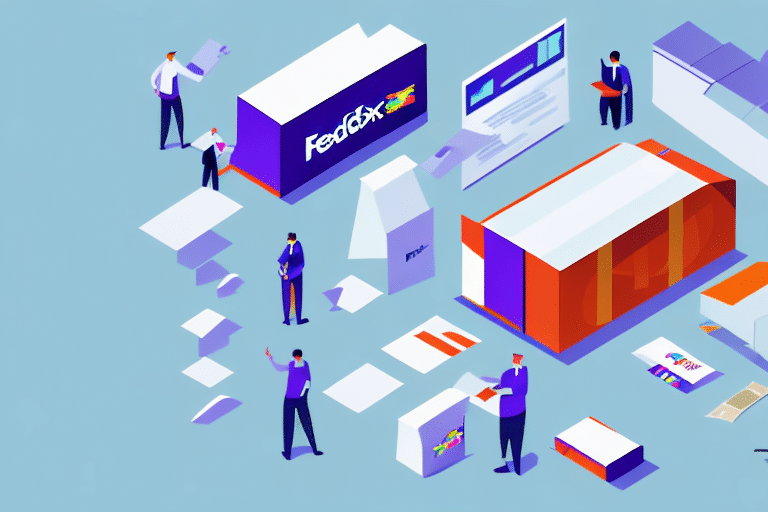 Illustration of people arranging shipping packages and documents in a FedEx-themed scene. Figures interact with parcels, flyers, and a large laptop displaying the FedEx Ship Managers shipping feature, set against a light blue background.