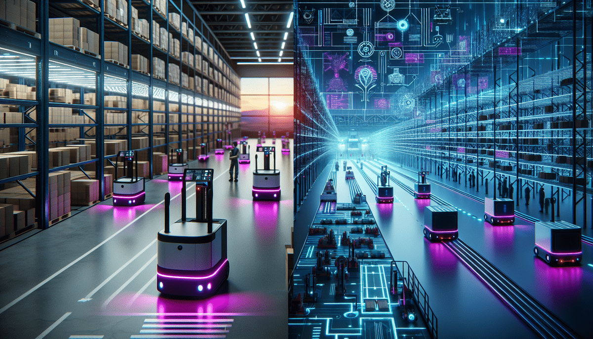 A futuristic warehouse with automated robots from Amazon Robotics features neon lights, transporting goods down aisles. The left displays a physical warehouse setting, while the right shows a virtual representation with digital elements and circuit patterns.
